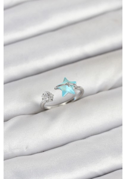 Pirinç Gümüş Renk Mavi Yıldızlı Model Kadın Yüzük
