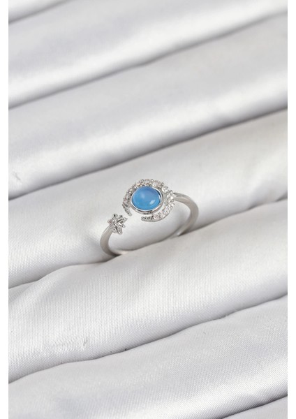 Pirinç Gümüş Renk Zirkon Taşlı Ay Yıldız Kadın Yüzük