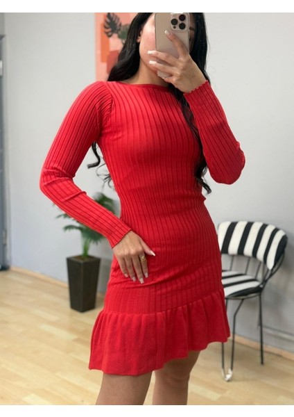 Kadın Bisiklet Yaka Uzun Kol Etek Ucu Fırfırlı Triko (Polyenit) Mini Boy Elbise fiyatları