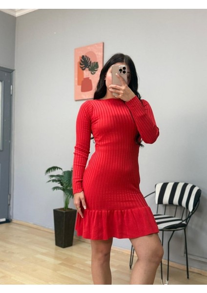 Kadın Bisiklet Yaka Uzun Kol Etek Ucu Fırfırlı Triko (Polyenit) Mini Boy Elbise modelleri