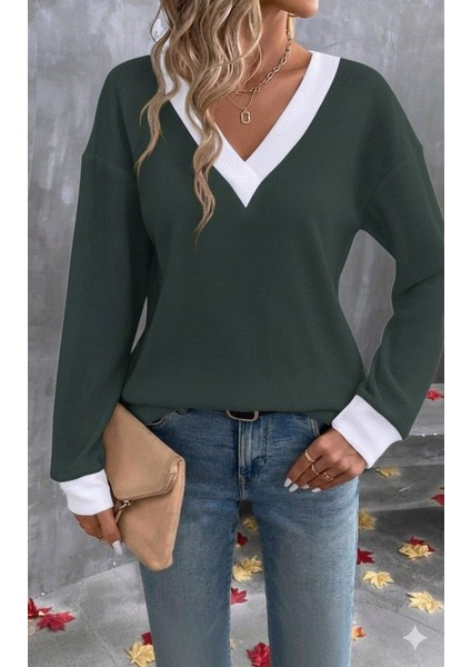 Kadın Uzun Kollu V Yakalı Waffle Bluz modelleri