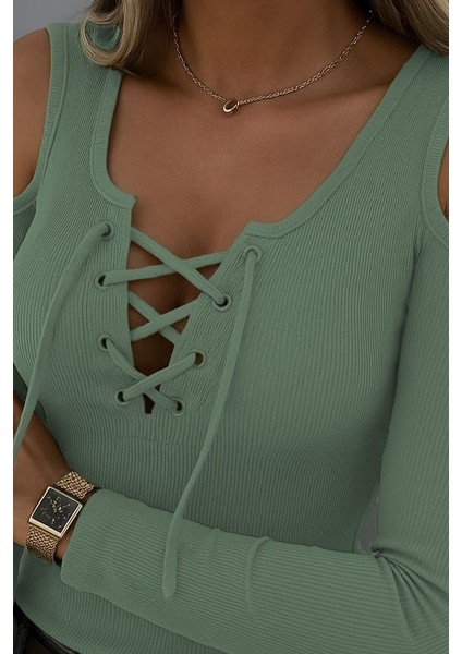 Kadın Omuzlardan Açık Uzun Kollu Bağcıklı Kaşkorse Bluz fiyatları