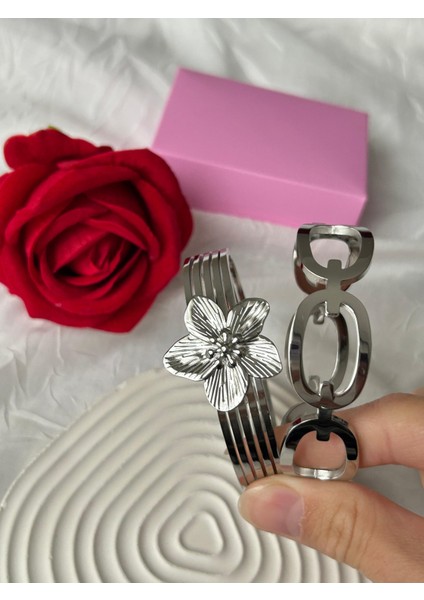 Çelik Taşlı Bileklik 2'li Şık Set Kombin Kadın Bileklik Altın Gümüş Renk Sevgiliye Hediye Kutuluu