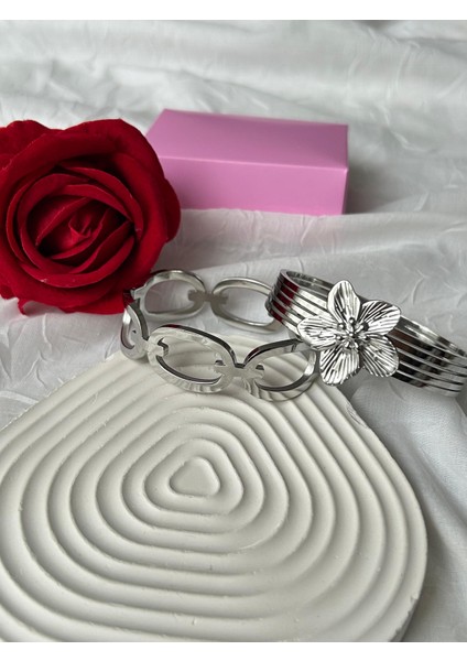 Çelik Taşlı Bileklik 2'li Şık Set Kombin Kadın Bileklik Altın Gümüş Renk Sevgiliye Hediye Kutuluu modelleri