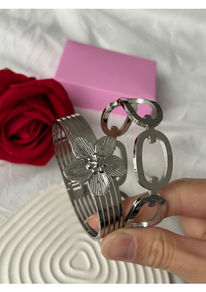 Çelik Taşlı Bileklik 2'li Şık Set Kombin Kadın Bileklik Altın Gümüş Renk Sevgiliye Hediye Kutuluu indirimleri