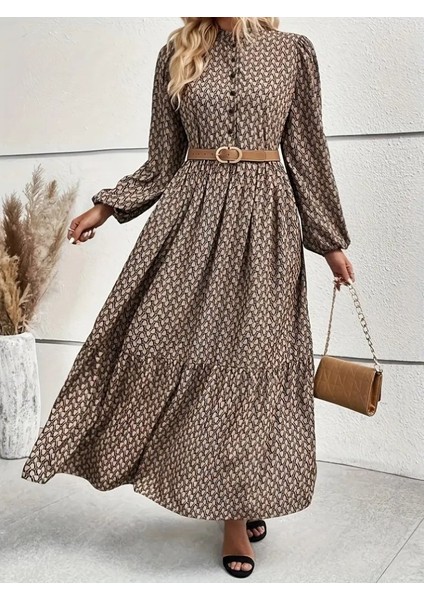 Eyesof Kadın Uzun Kollu Hakim Yakalı Düğmeli Kemersiz Desenli Maxi Süprem Elbise