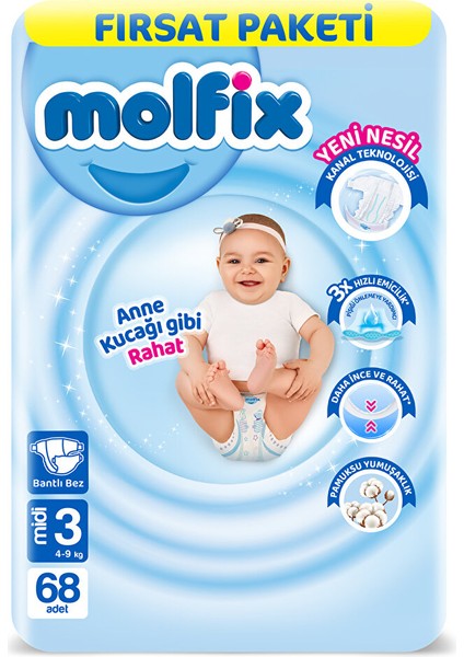 Bebek Bezi 3 Beden Midi Fırsat Paketi 4-9 kg 68 Adet