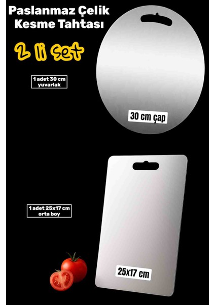 2'li Set, Yuvarlak+Orta Boy Paslanmaz Çelik Kesme Tahtası, Hijyenik Yüzey, Şık Tasarım