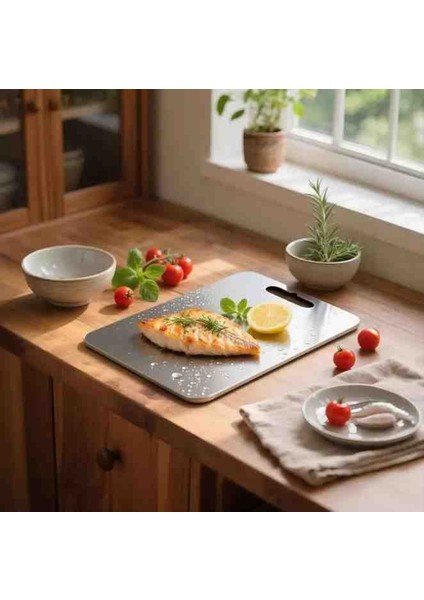 2'li Set, Yuvarlak+Orta Boy Paslanmaz Çelik Kesme Tahtası, Hijyenik Yüzey, Şık Tasarım modelleri