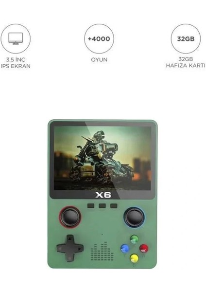X6 Yeşil 4000+ Klasik Oyunlu 3.5 İnç IPS Ekran Kablosuz Atari Retro Oyun Konsolu