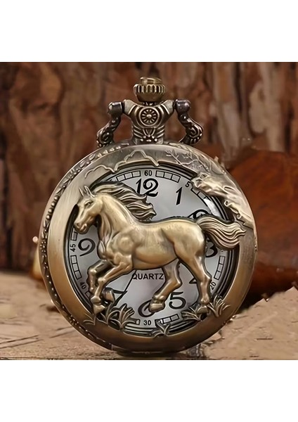 Kişiye Özel At Figürlü Antik Bronz Cep Saati – Nostaljik Quartz Zincirli Saat