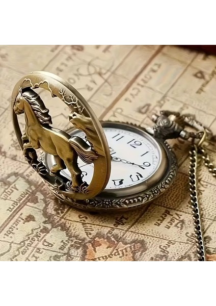 Kişiye Özel At Figürlü Antik Bronz Cep Saati – Nostaljik Quartz Zincirli Saat fiyatları