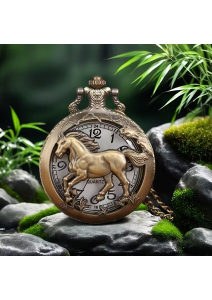 Kişiye Özel At Figürlü Antik Bronz Cep Saati – Nostaljik Quartz Zincirli Saat fırsatları