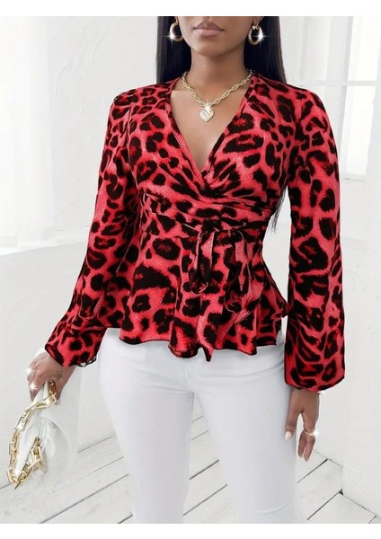Kadın Uzun Kollu Kruvaze Yakalı Belden Kuşaklı Leopar Desenli Süprem Bluz modelleri