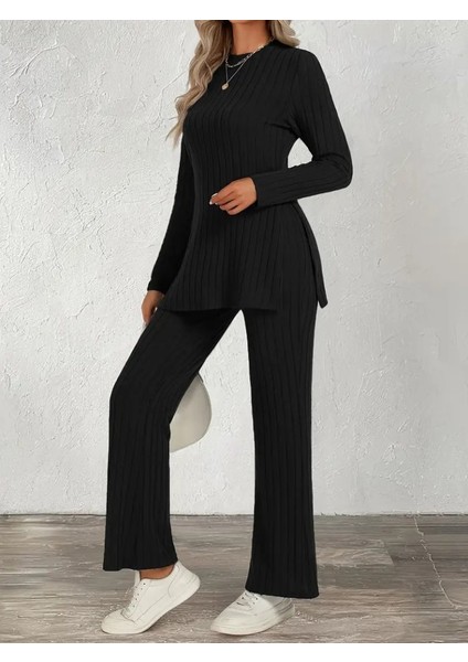 Eyesof Kadın Uzun Kollu Bisiklet Yaka Yandan Yırtmaçlı Şardonlu Kaşkorse Bluz ve Pantolon Ikili Takım