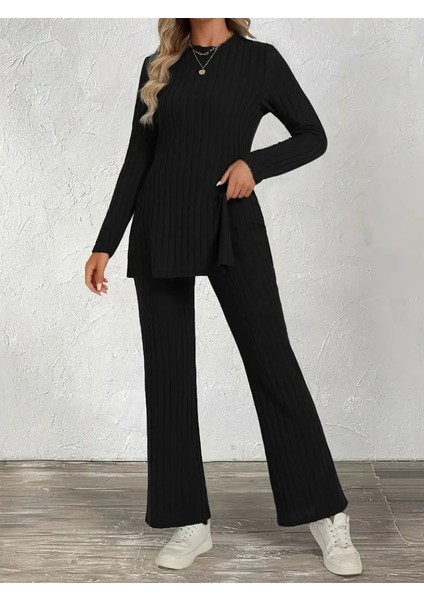 Eyesof Kadın Uzun Kollu Bisiklet Yaka Yandan Yırtmaçlı Şardonlu Kaşkorse Bluz ve Pantolon Ikili Takım fiyatları