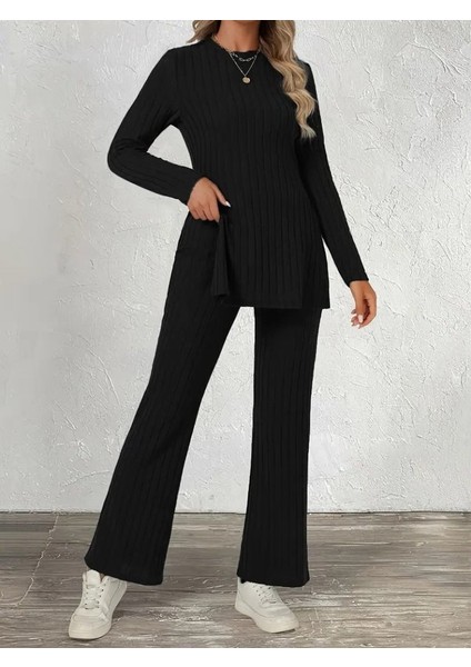 Eyesof Kadın Uzun Kollu Bisiklet Yaka Yandan Yırtmaçlı Şardonlu Kaşkorse Bluz ve Pantolon Ikili Takım modelleri