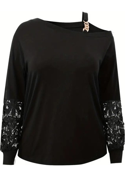 Kadın Uzun Kollu Tek Omuzu Açık Askılı Toka ve Dantel Detay Viskon Iki Iplik Bluz fırsatları