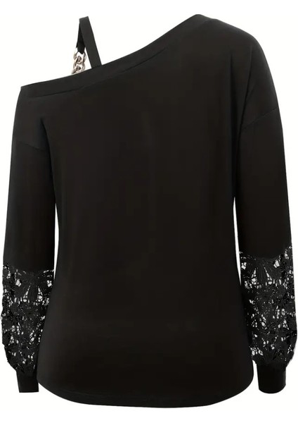 Kadın Uzun Kollu Tek Omuzu Açık Askılı Toka ve Dantel Detay Viskon Iki Iplik Bluz indirimleri