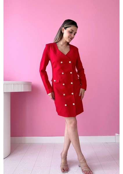 Kırmızı Gold Düğmeli Ceket Elbise fırsatları