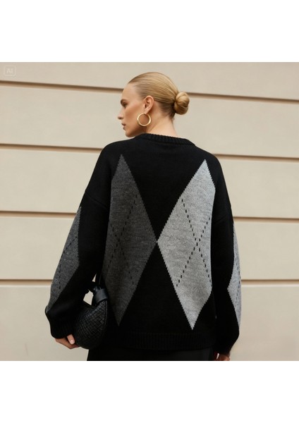 Kadın Baklava Desen Şık Bisiklet Yaka Bisiklet Yaka Kazak