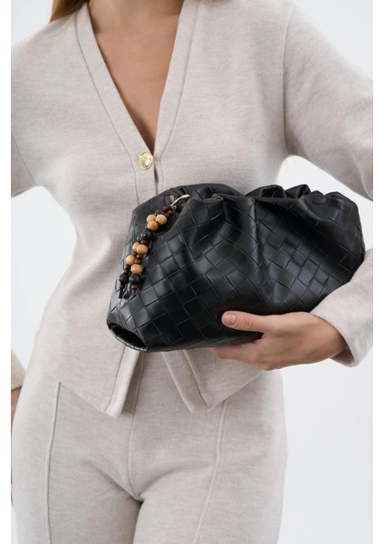 Kadın Büzgülü Çanta Siyah Örgülü