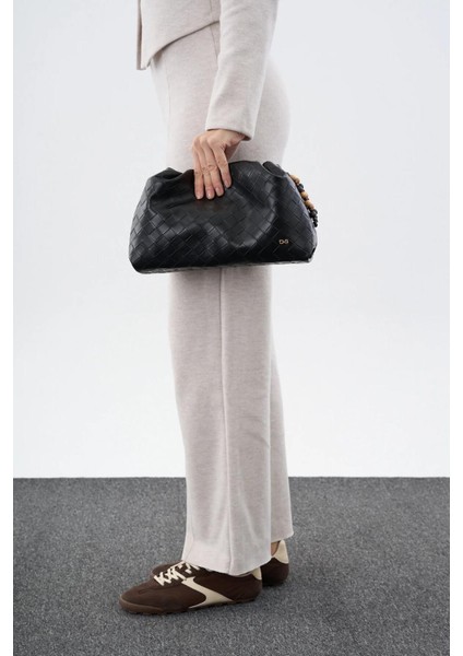 Kadın Büzgülü Çanta Siyah Örgülü