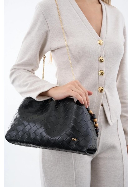 Kadın Büzgülü Çanta Siyah Örgülü
