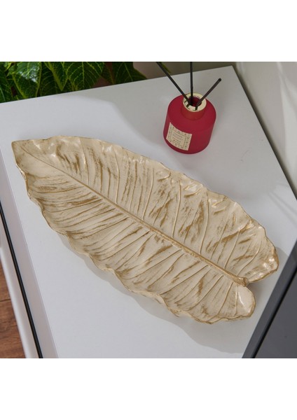 Deco Leaf Dekoratif Tabak - Beyaz / Gold - 37X16 cm