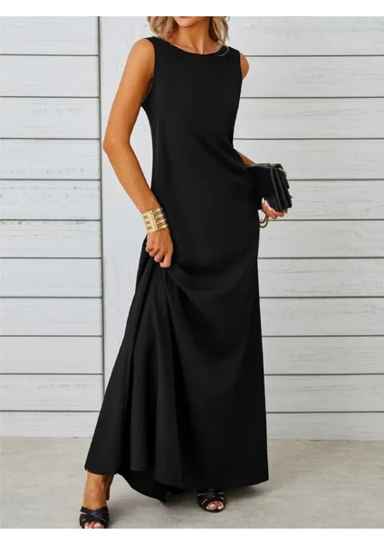 Kadın Kolsuz Kayık Yaka Maksi Janjan Krep Elbise fiyatları