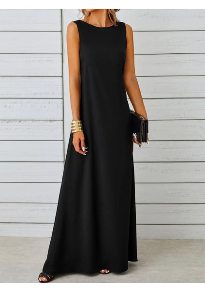 Kadın Kolsuz Kayık Yaka Maksi Janjan Krep Elbise indirimleri