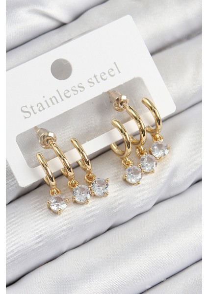 Pirinç Sallantılı Zirkon Taşlı Model Gold Renk Kadın Küpe - TJ-BKP11097