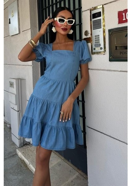 Kare Yakalı ve Gipe Detaylı Tensel Elbise 2883 indirimleri