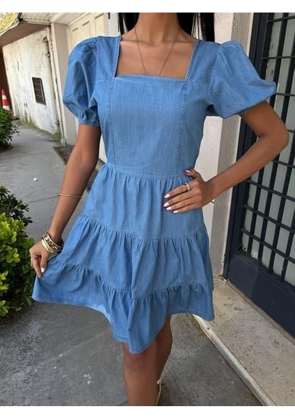 Kare Yakalı ve Gipe Detaylı Tensel Elbise 2883