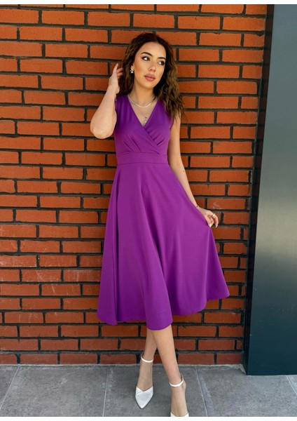 Kadın Ithal Krep Kumaş Kruvaze Yaka Eteği Kloş Kolsuz Midi Elbise