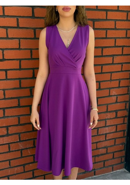 Kadın Ithal Krep Kumaş Kruvaze Yaka Eteği Kloş Kolsuz Midi Elbise fırsatları