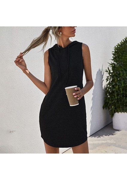 Kadın Kolsuz Kapşonlu Uzun Viskon Elbise