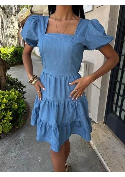 Kare Yakalı ve Gipe Detaylı Tensel Elbise 2883