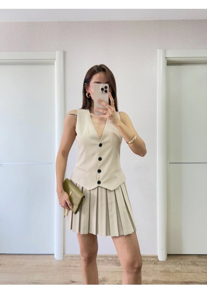 Takım Görünümlu Yelekli Mini Elbise- Bej