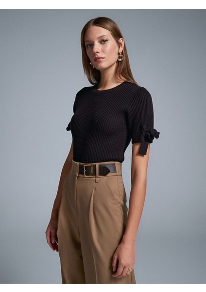 10828 Fitilli Kısa Kollu Kazak-Koyu Kahve