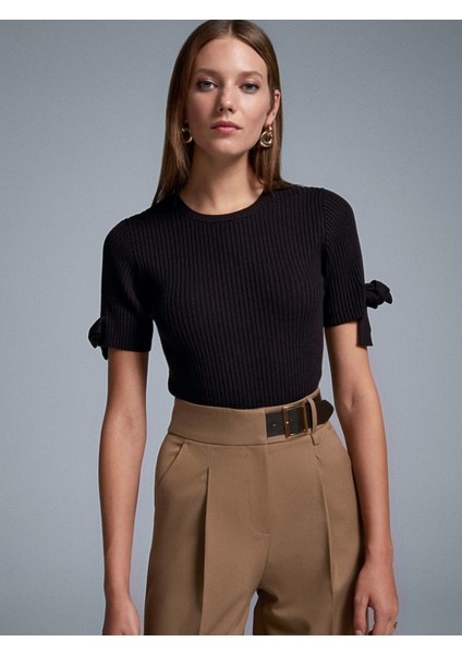 10828 Fitilli Kısa Kollu Kazak-Koyu Kahve modelleri