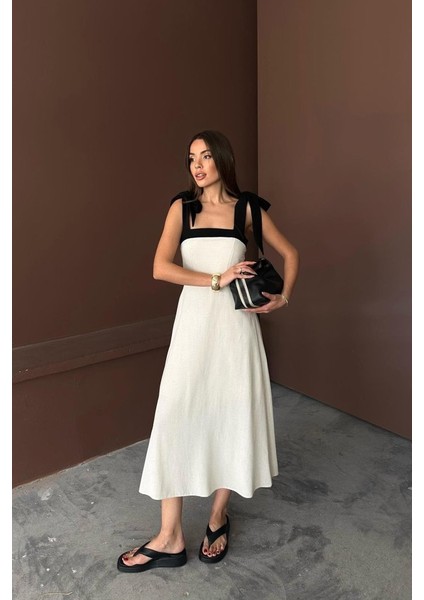 Bej Omuzdan Bağlamalı Keten Elbise