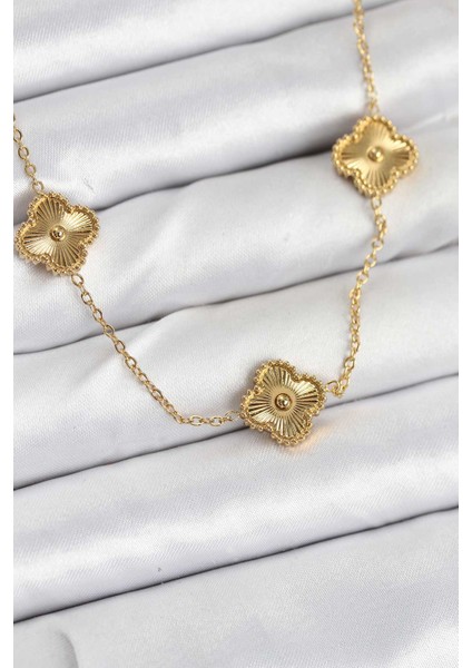 316L Çelik Zincir Gold Renk Yonca Kadın Kolye - TJ-BKO10593