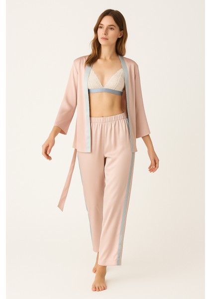 Kadın Premium Saten Sabahlık ve Pijama Takımı – Pudra Pembe, Dantelli Braletli 3’lü Set fiyatları