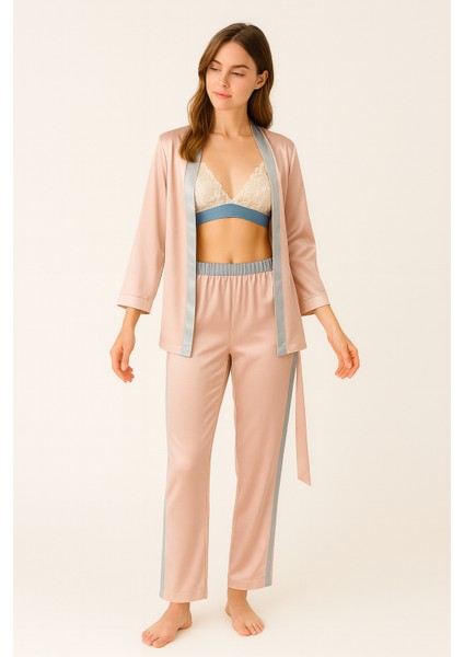 Kadın Premium Saten Sabahlık ve Pijama Takımı – Pudra Pembe, Dantelli Braletli 3’lü Set modelleri