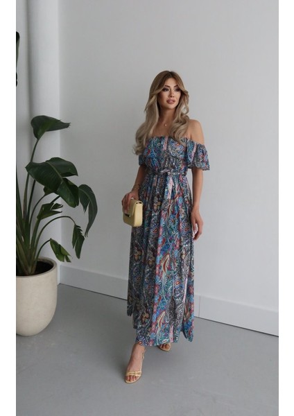 Kadın Kısa Kollu Madonna Yaka Fırfırlı Belden Yırtmaçlı Maksi Süprem Elbise