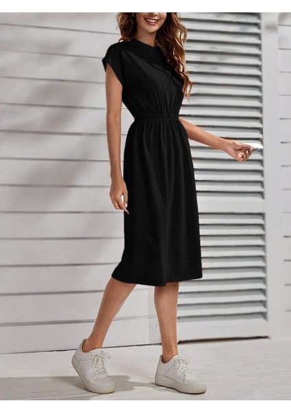 Kadın Kısa Kollu Bisiklet Yaka Belden Lastikli Midi Viskon Elbise fiyatları