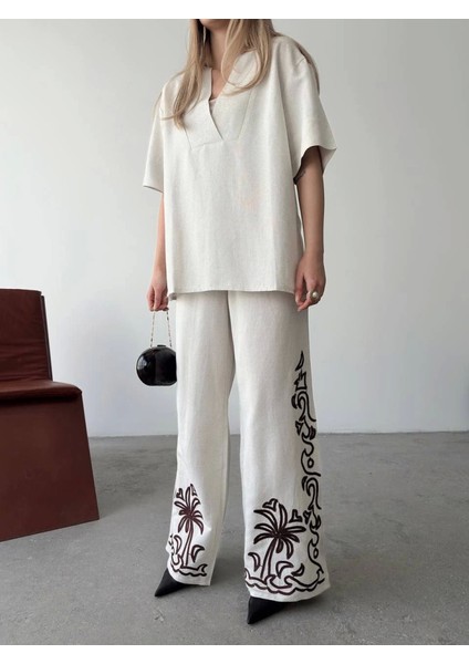 Keten Kısa Kolu V Yaka Bluz Pantolon Ikili Takım- Beyaz fiyatları