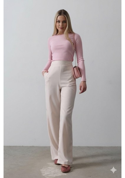 Beli Yarım Lastikli Palazzo Pantolon - Pudra