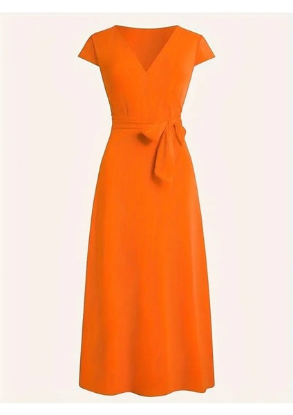 Kadın Kısa Kollu V Yakalı Belden Kuşaklı Maksi Boy Viskon Elbise indirimleri